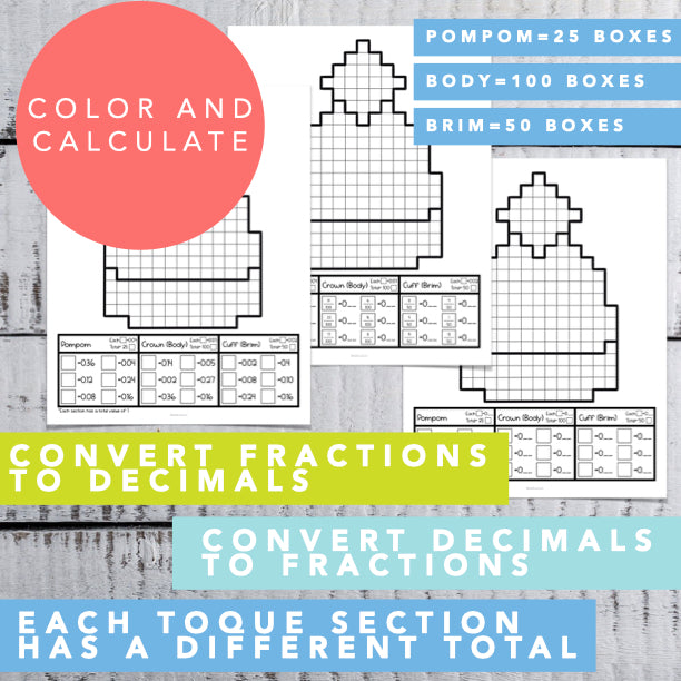 Toque Math Calculate & Color │ Decimal to Fraction Worksheet